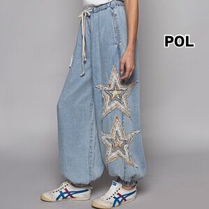 POL Women's Blue Star Embellished Pants
